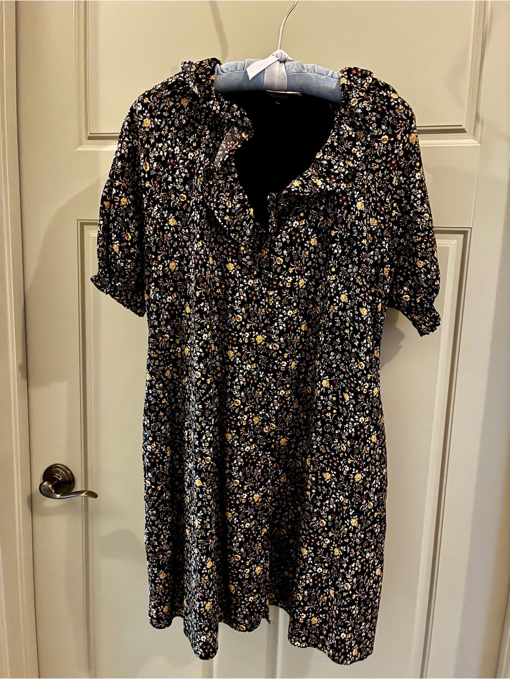 Madewell Black Floral Short-Sleeve Mini Dress with Yellow & White Accents